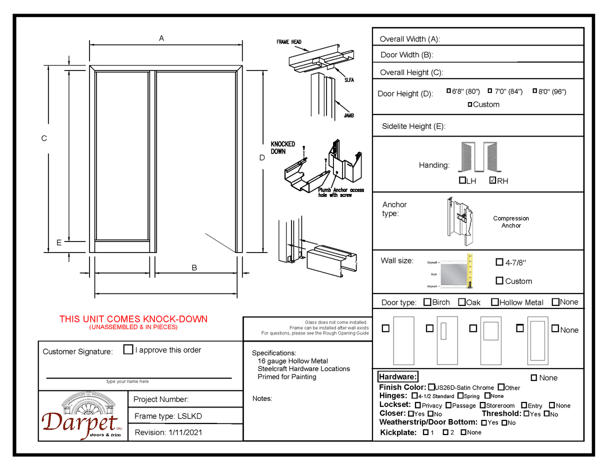 Left Side Lite Knockdown Frame - Model#LSLKD