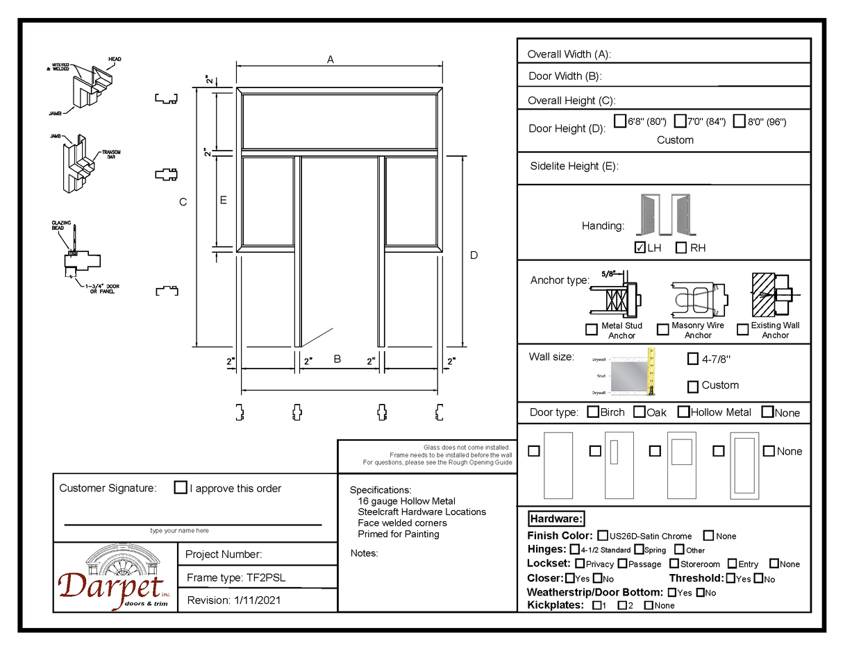 Transom with Double Partial Side Lite Frame - Model#TF2PSL