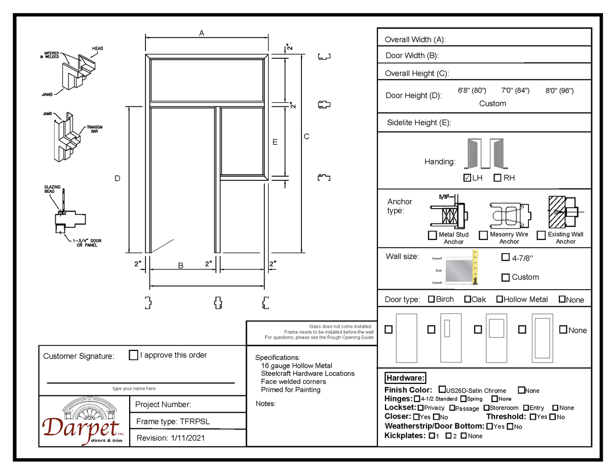 Transom with Right Partial Side Lite Frame - Model#TFRPSL