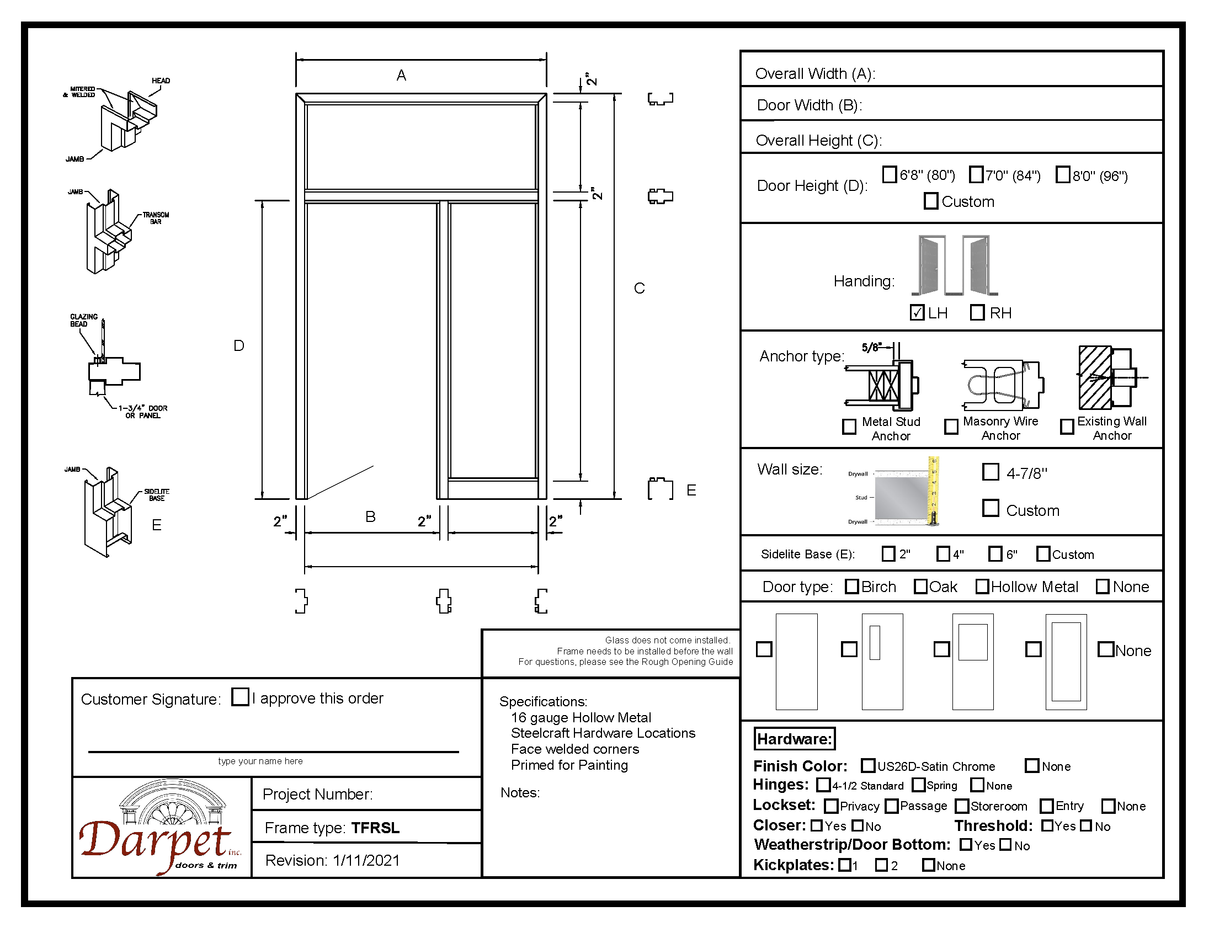 Transom with Right Side Lite Frame - Model#TFRSL