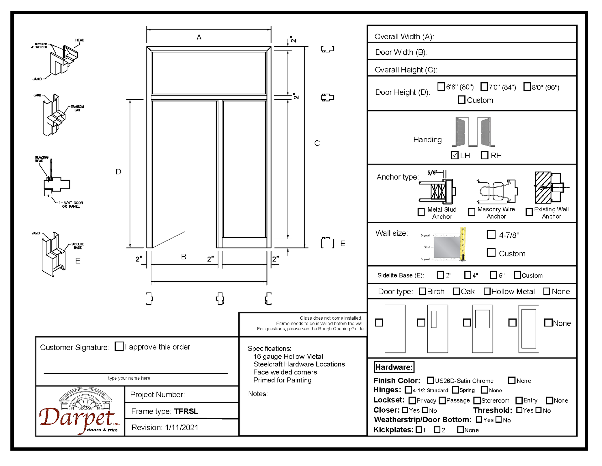 Transom with Right Side Lite Frame - Model#TFRSL